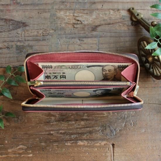 ワックスレザー　ラウンド長財布 / レッド